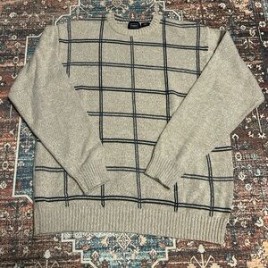 Haggar Men's Beige Sweater with Navy Grid Pattern